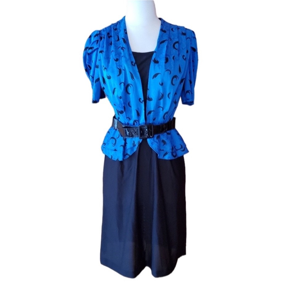 1980s Sally Petite Blue & Black Polyester Peplum D
